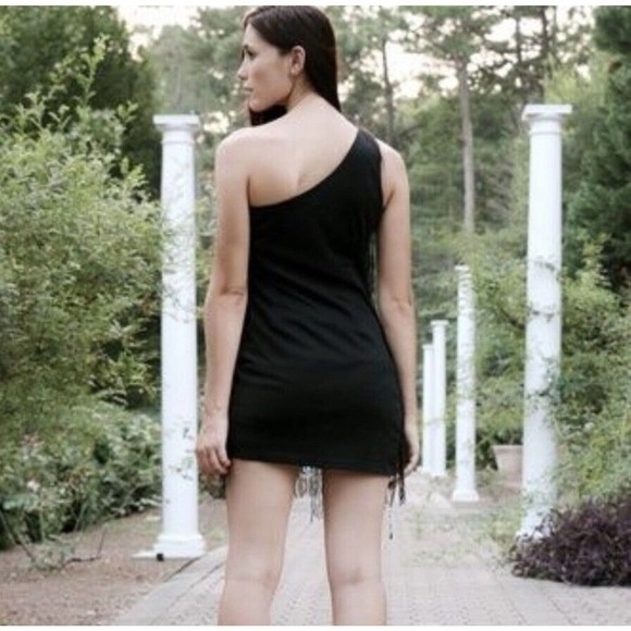 ArkCo | Anthropologie One Shoulder Dress Womens Size M Black Fringe Gatsby Mini - Picture 8 of 11